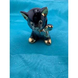 Vintage Ceramic Black Cat Figurine Gold Trim Bow Toothpick Holder Planter 4"